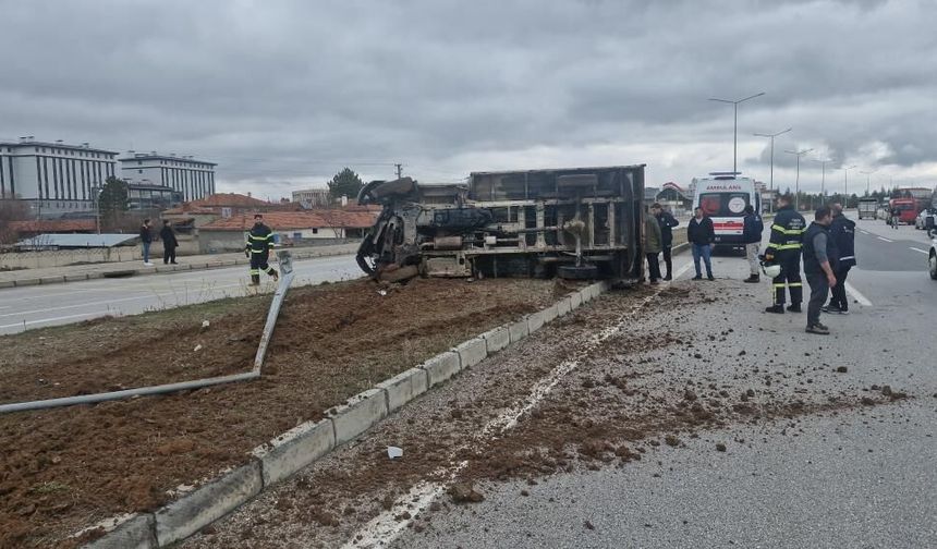 Hayvan yüklü kamyonet aydınlatma direğine çarptı
