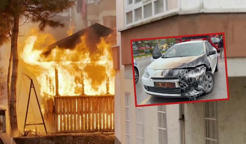 Kameriye yandı, iki araç zarar gördü